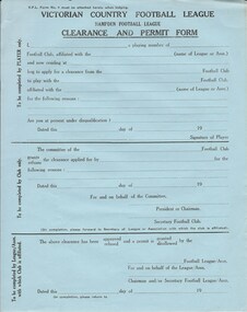 Document, Hampden Football League Clearance Form, 1950s
