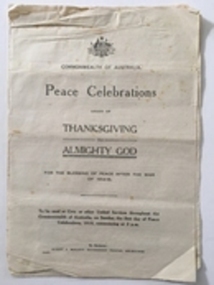Document, Peace celebrations Commonwealth of Australia 1914-1918, 1919