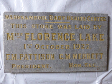 Plaque- Warrnambool Baby Health Centre, Miss Florence Lake 1927, 1927