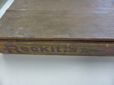 Wooden box, Reckitts Round Blue
