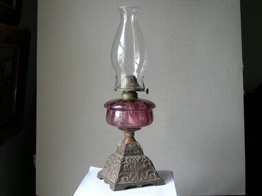 Lamp, Ruby glass kerosene lamp, Early 20th century