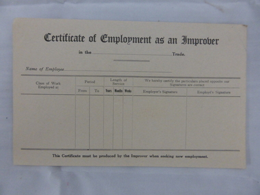 Document, Swintons certificate of Employment as an Improver, Mid 20th C
