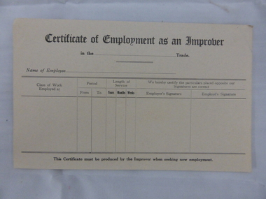 Document, Swintons certificate of Employment as an Improver, Mid 20th C