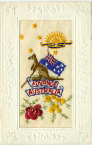 This is an embroidered postcard with Australian emblems sent during WW1 with a white card surround.
