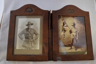 Artefact, Fold out leather frame with 2 sepia photographs of soldiers, Early 20th Century