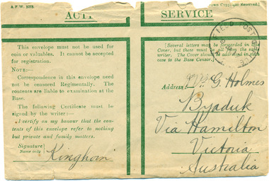 Document, Cover; Active Service envelope from Kinghorn to Gladys Holmes, Pre January 1917