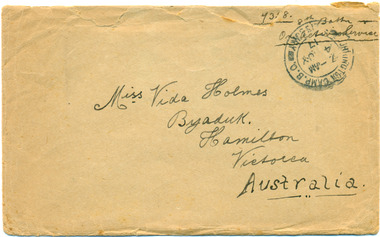 Documents, Deacon & Jay, Envelope, Letter, Military Pass and Postcard to Vida Holmes from Bill ( WT Harper ) 7358, pre 17 May 1917