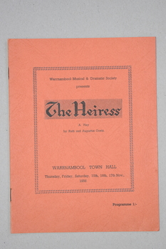 Programme for the Warrnambool Musical & Dramatic Society production of The Heiress in 1956