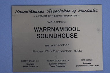 Plaque, Warrnambool Soundhouse, 1983