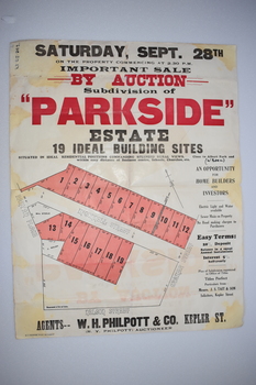 This is an advertisement for the Parkside subdivision in Warrnambool from the 1930's