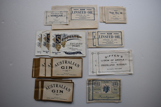 This is a collection of labels from  Giffen Russell wine merchant of Fairy St Warrnambool.