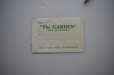 Label, The Garden Dry Cleaners, 1950s
