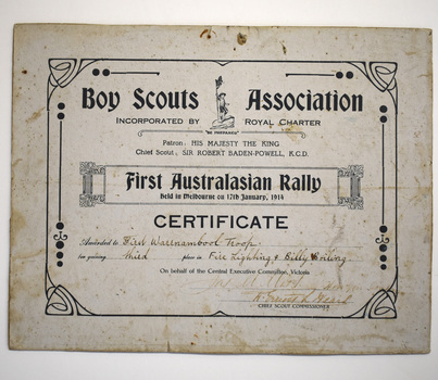 A Certificate relating to the first Australasian scouts rally