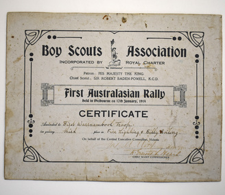 A Certificate relating to the first Australasian scouts rally