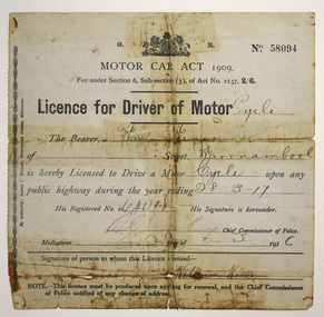 Certificate - Motor Cycle Licence, Chief Commissioner of Police, Melbourne, 1916