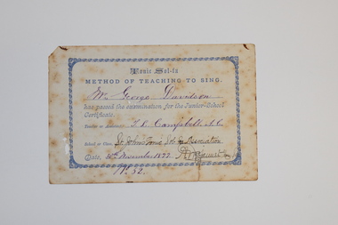 Certificate - Singing certificate, St. John's Tonic Sol-Fa Association, 1877