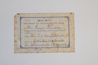 Certificate - Singing certificate, St. John's Tonic Sol-Fa Association, 1877