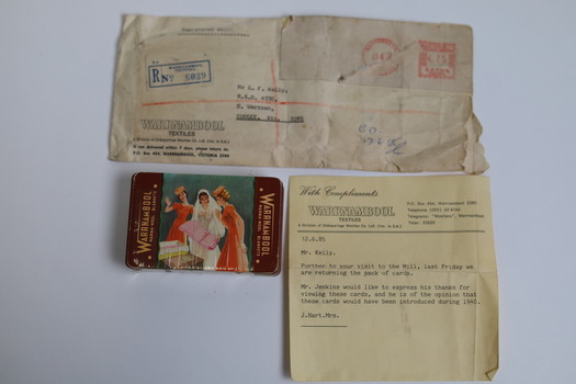 Playing cards issued by Warrnambool Warm a wool Blankets with letter from Warrnambool Textiles and envelope.