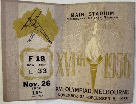 This is a ticket for entry to the 1956 Olympics at the melbourne Cricket Ground.