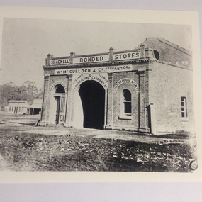 Black and white photograph of Shackell's Bonded Stores, Shackell's Bonded Stores, Murray Esplanade, Echuca, late 1870's, 1980