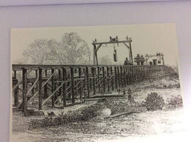 A black and white photograph of a drawing, Black and white photograph of a drawing depicting the construction of the iron Murray Bridge, at Echuca, showing Surveyor, bridge workers, hoists, a crane, and much activity, 1981