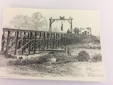 Photograph - Black and white photograph of a drawing, A black and white photograph of a drawing of the construction of the bridge crossing the Murray River at Echuca in 1887, 1981