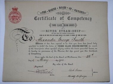 Certificate (Item) - Certificate of Competency - Third Class Engine Driver, The Marine Board of Victoria, Alexander George Smith, 22-5-1902