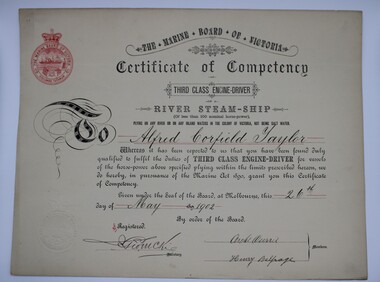 Certificate (Item) - Certificate of Competency - Third Class Engine Driver, Alfred Corfield Taylor, 22-5-1902