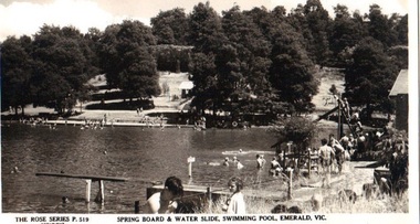 Postcard - B/W, Spring Board and Water Slide, Swimming Pool, Emerald, Vic