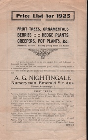Pamphlet, Price List for 1925, A.G. Nightingale, Nurseryman, Emerald, Vic, About 1925