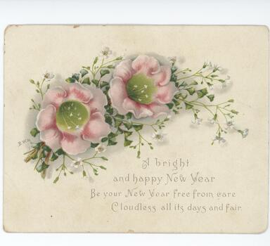 Postcard depicting floral design and New Year message