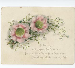 Postcard depicting floral design and New Year message