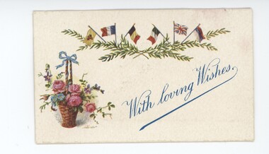 Postcard with a floral arrangement in a basket and 6 flags