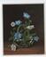 Post card with black and red background, a silver bowl filled with blue and white flowers on long red stems and green leaves