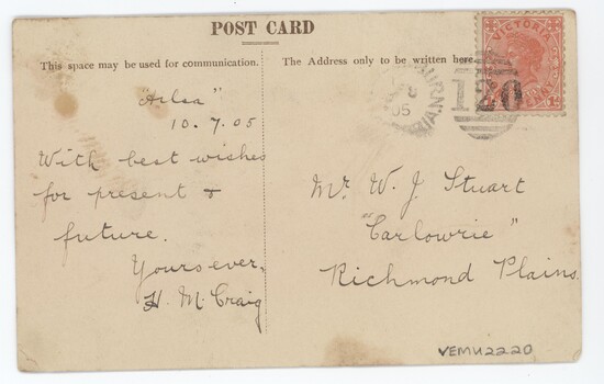 Yellowed postcard with text on left and right-hand sides. Red stamp depicting Queen Victoria in top right-hand corner.