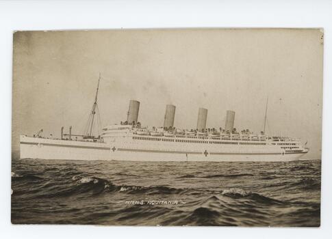 Yellowed monochrome postcard depicting white four-funnelled ocean liner with red-cross flags on ocean waters. 