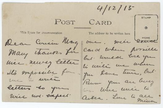 Yellowed postcard with written inscription on left and right-hand sides.