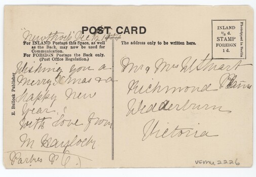 Hand-written message on left with address details of recipient on right.