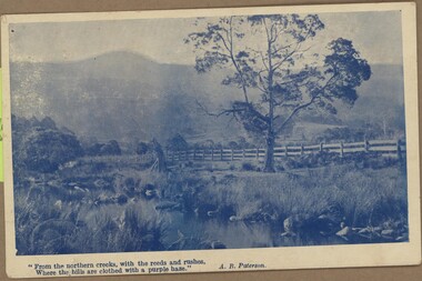 Romanticized Australian bush scene with two lines of A. B. Paterson poem beneath.