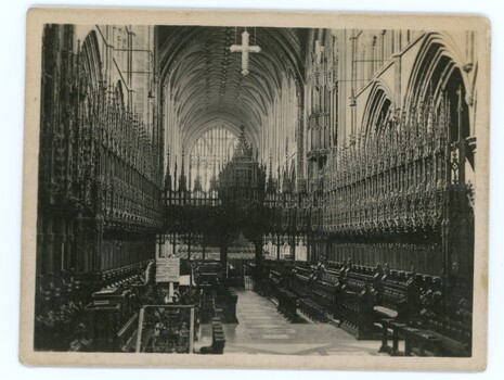 A black and white postcard of the interior of Chester Cathedral.