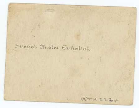 Back of postcard of Chester Cathedral interior