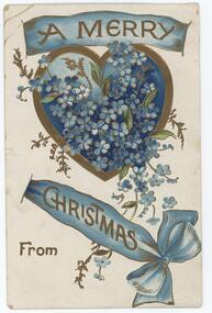 Christmas postcard with heart, flowers and ribbon decoration in blue and gold with cream background.
