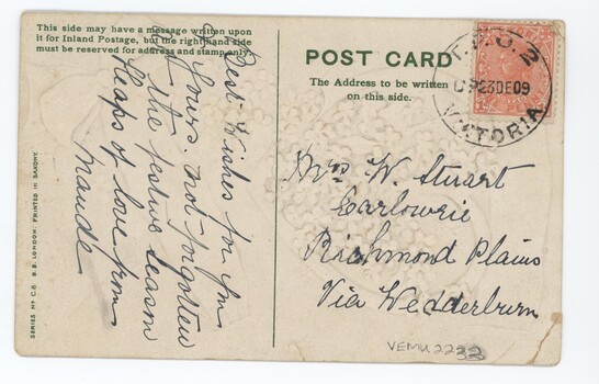 Back of postcard with handwritten message and postmark.