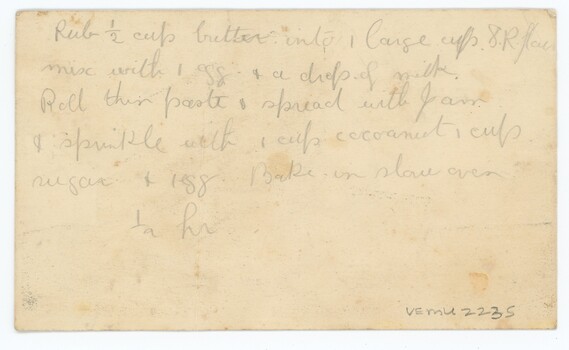 Hand-written recipe on back of postcard
