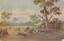 A postcard with an early 1900s painting of three farmers resting under a eucalyptus tree with straw collected in the field next to them.