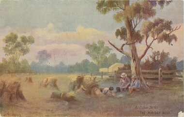 A postcard with an early 1900s painting of three farmers resting under a eucalyptus tree with straw collected in the field next to them.