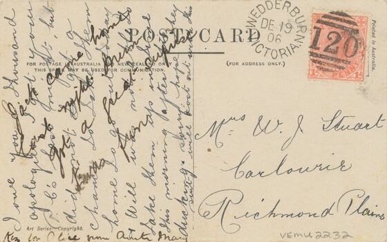 A yellowed postcard with cross-written text on the left and an address on the right.