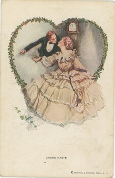 Art of woman in a white dress leaning towards a man, with a clock in the background, surrounded by a heart made from holly.