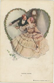 Art of woman in a white dress leaning towards a man, with a clock in the background, surrounded by a heart made from holly.