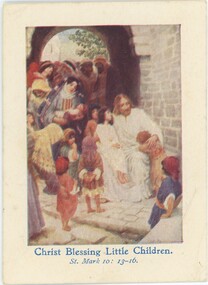 A postcard depicting Jesus Christ in a white robe embracing two children, as other children and adults line up to greet him.